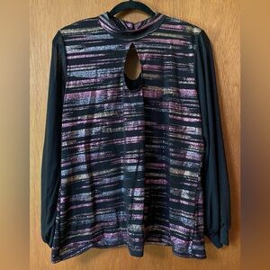 Venus Keyhole Cut-Out Mock Neck Long-Sleeve Glitter Stripped Top